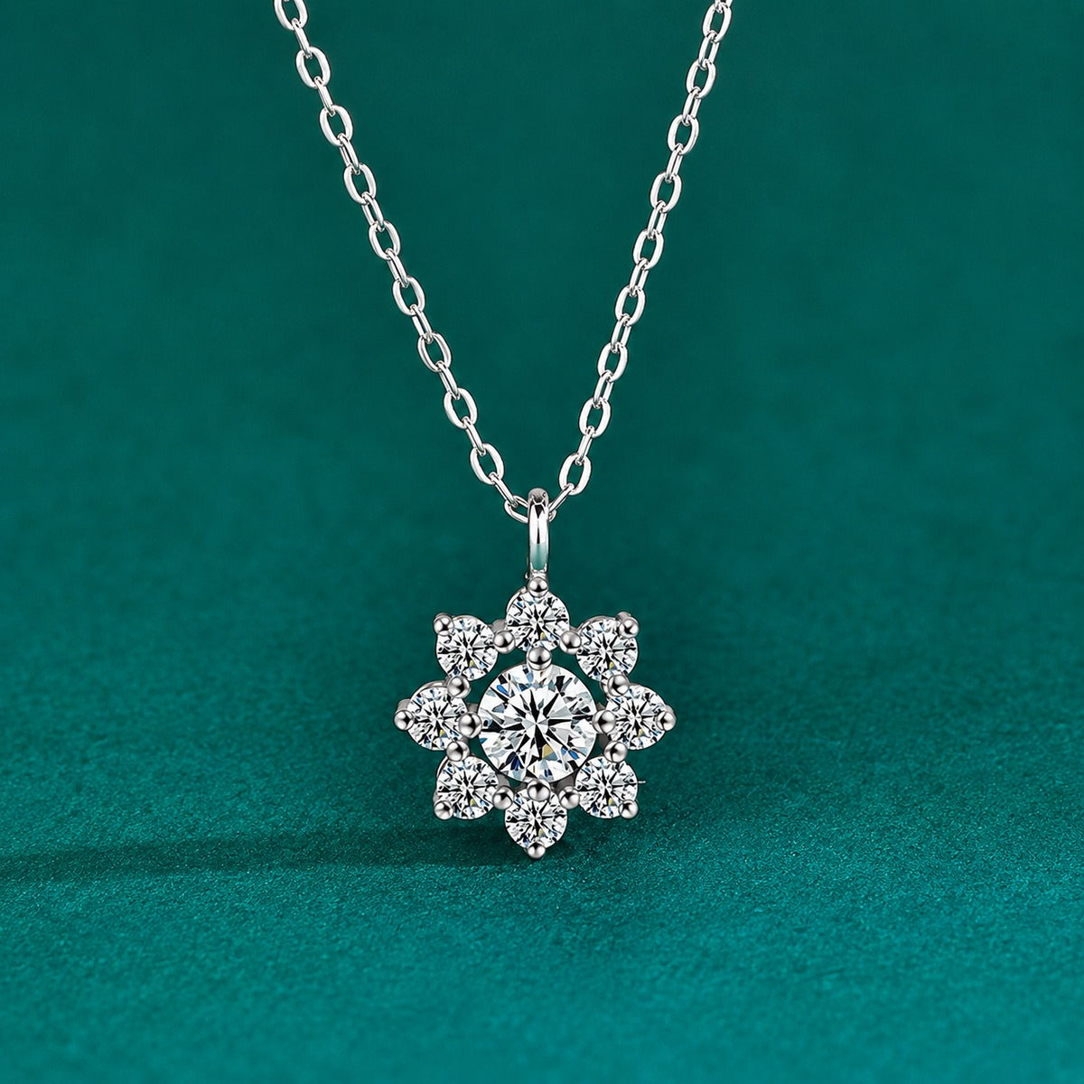 Sunflower Round Moissanite Necklace with CZ in Gold-Plated S925 sterling silver close-up styled product scene showing pendant setting