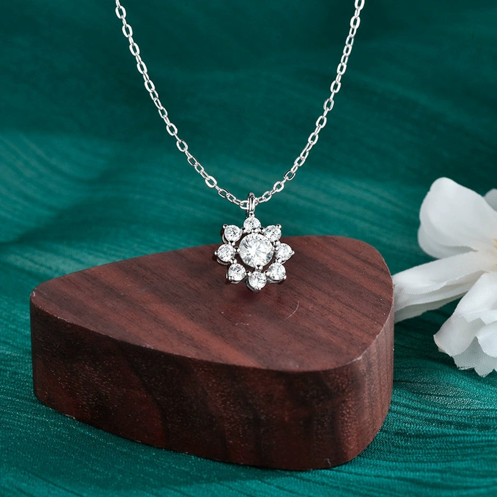 Sunflower Round Moissanite Necklace with CZ in Gold-Plated S925 sterling silver angled product detail view