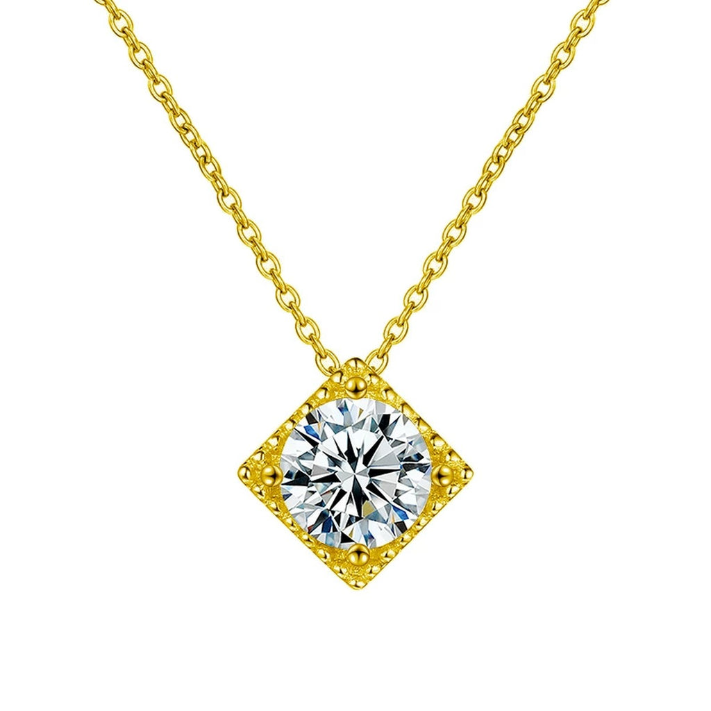 Sugar Cube Round Moissanite Solitaire Necklace in Gold-Plated S925 sterling silver white background front product view showing square sugar-cube frame holding a round moissanite solitaire
