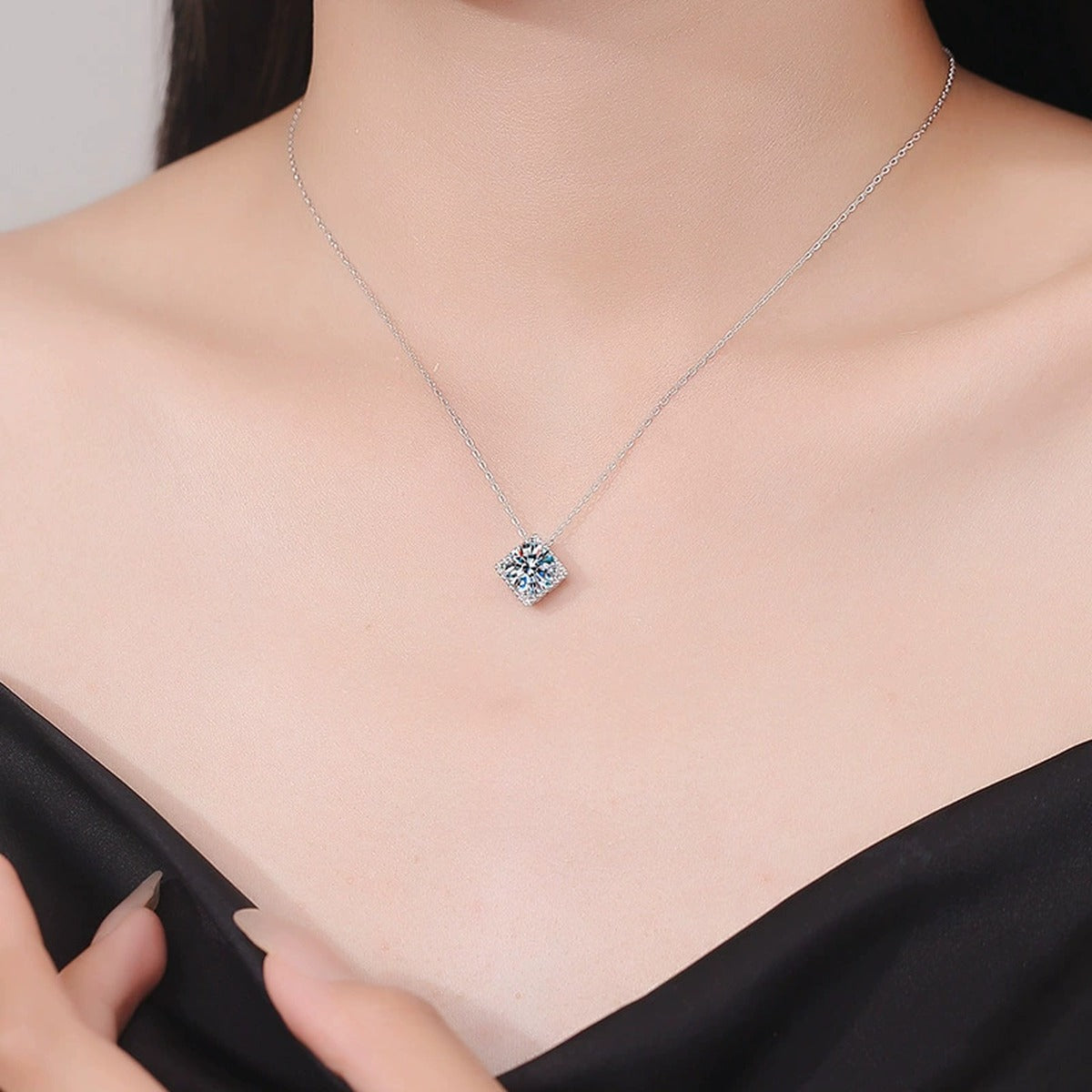 Sugar Cube Round Moissanite Solitaire Necklace in Gold-Plated S925 sterling silver neckline model view showing pendant scale and chain length