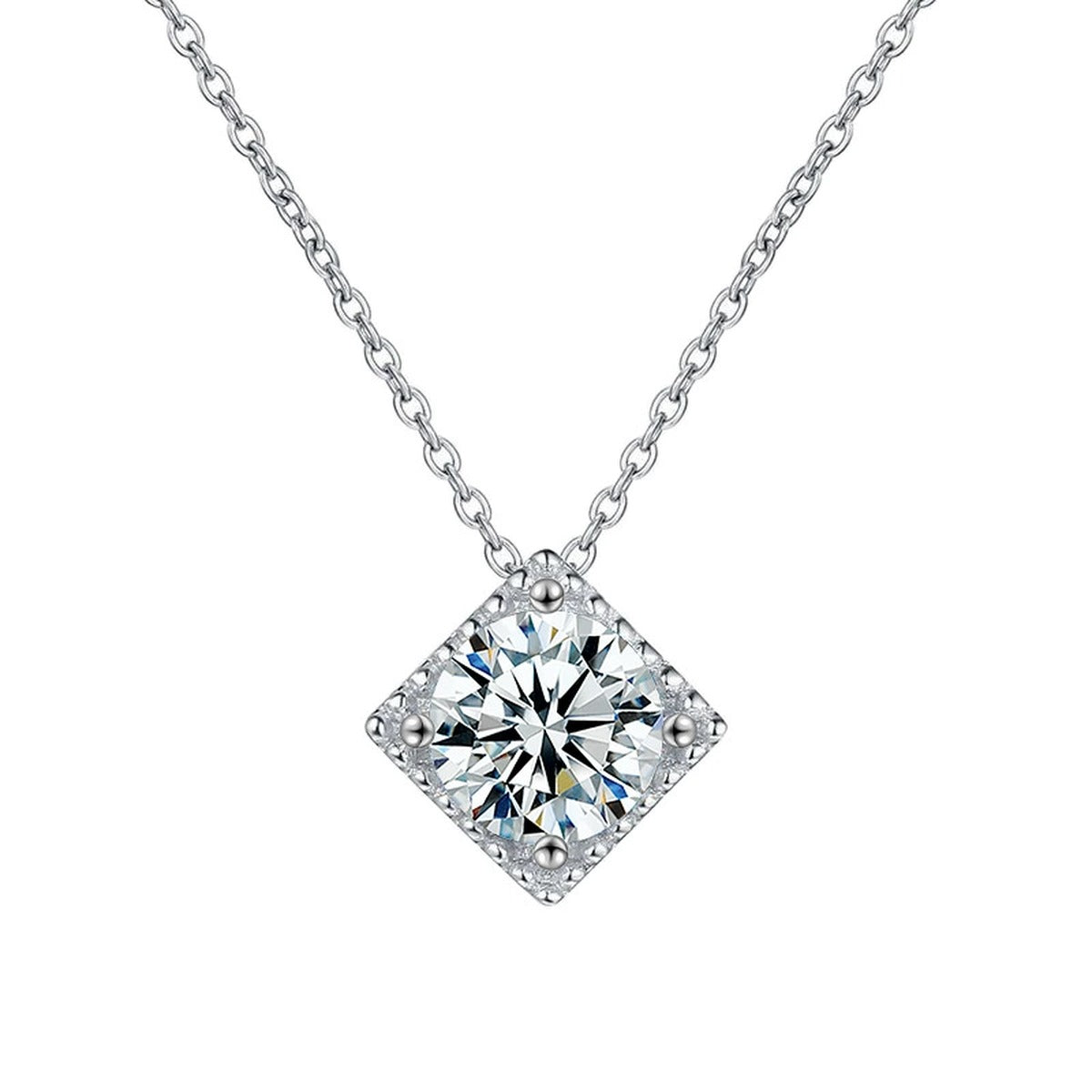 Sugar Cube Round Moissanite Solitaire Necklace in Gold-Plated S925 sterling silver alternate metal color white background product view showing square sugar-cube frame holding a round moissanite solitaire