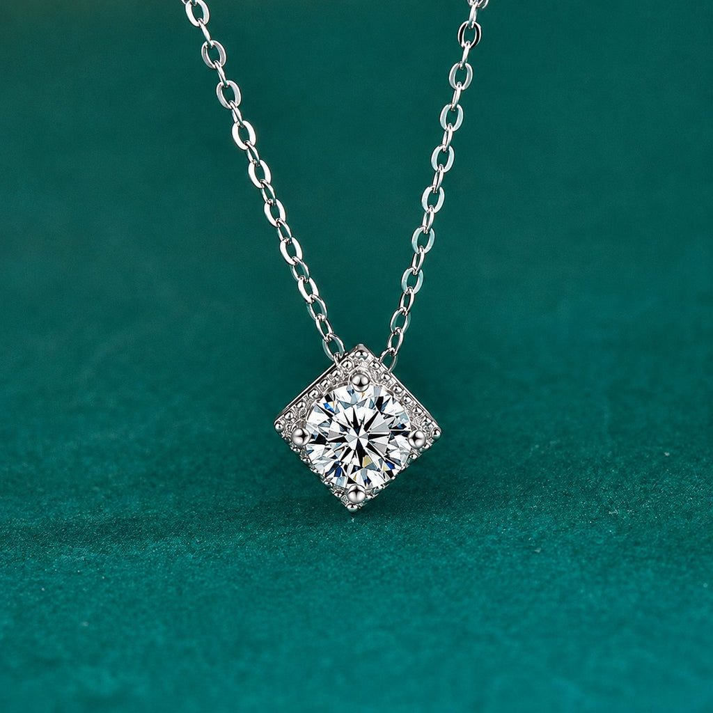 Sugar Cube Round Moissanite Solitaire Necklace in Gold-Plated S925 sterling silver close-up styled product scene showing pendant setting