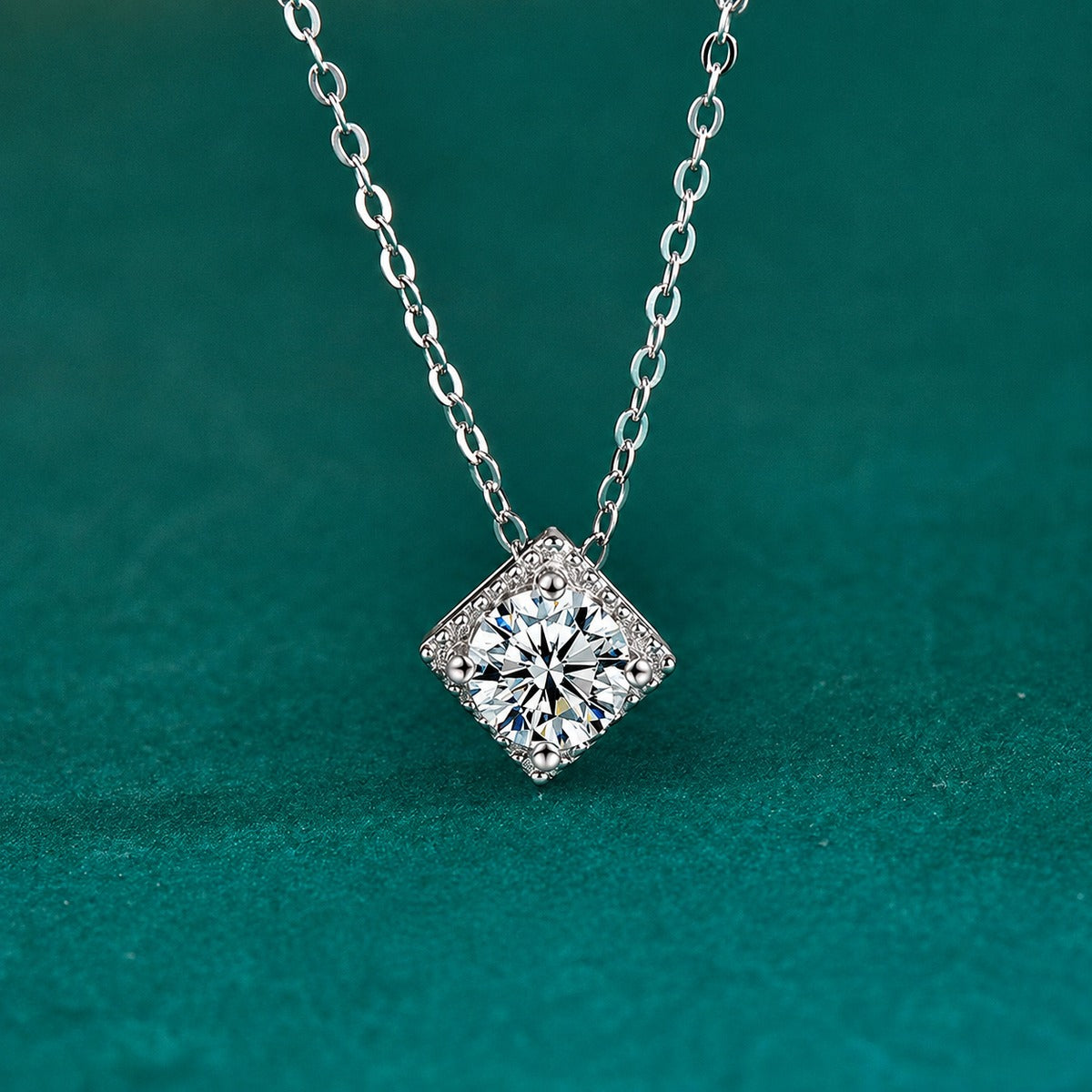 Sugar Cube Round Moissanite Solitaire Necklace in Gold-Plated S925 sterling silver close-up styled product scene showing pendant setting