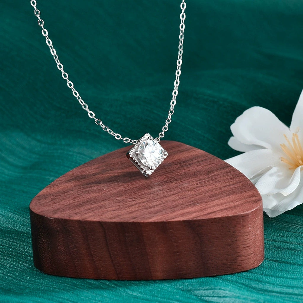 Sugar Cube Round Moissanite Solitaire Necklace in Gold-Plated S925 sterling silver display scene showing chain and stone layout