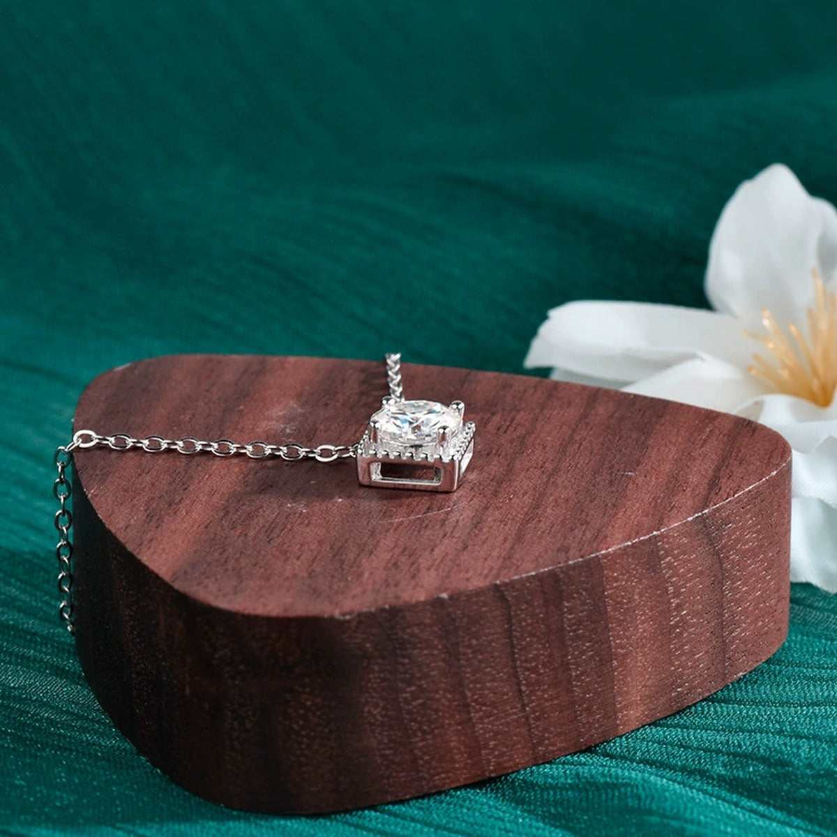 Sugar Cube Round Moissanite Solitaire Necklace in Gold-Plated S925 sterling silver angled product detail view