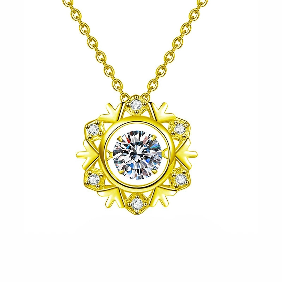 Snowflake Dancing Round Moissanite Necklace with CZ in Gold-Plated S925 sterling silver white background front product view showing snowflake pendant surrounding a dancing round moissanite and CZ accents