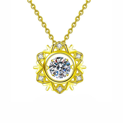 Snowflake Dancing Round Moissanite Necklace with CZ in Gold-Plated S925 sterling silver white background front product view showing snowflake pendant surrounding a dancing round moissanite and CZ accents