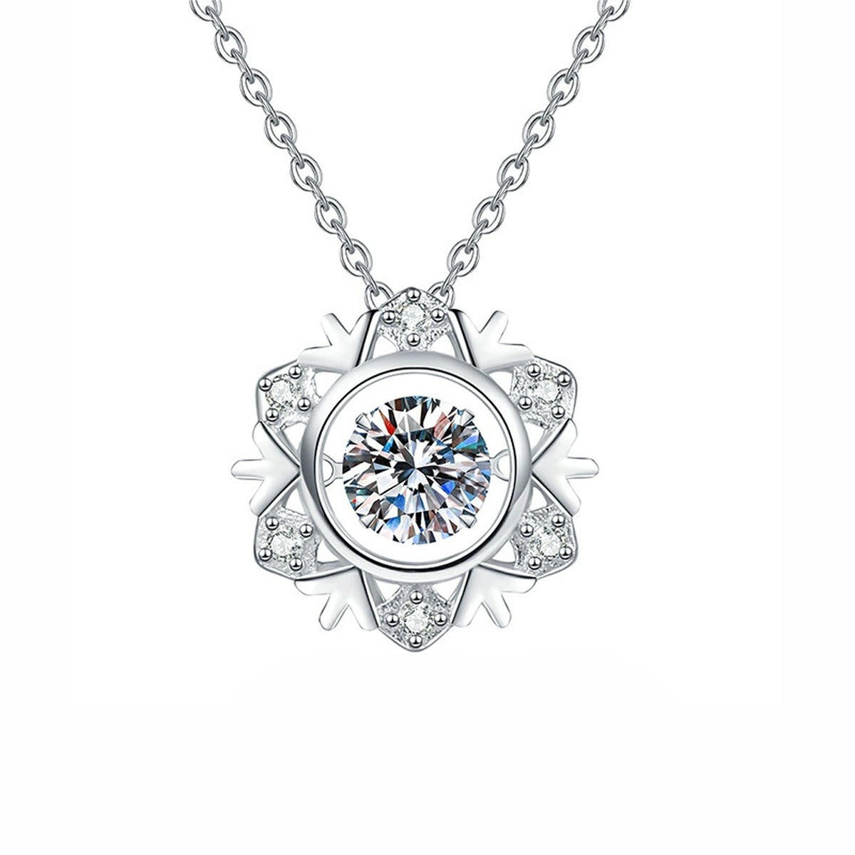 Snowflake Dancing Round Moissanite Necklace with CZ in Gold-Plated S925 sterling silver alternate metal color white background product view showing snowflake pendant surrounding a dancing round moissanite and CZ accents