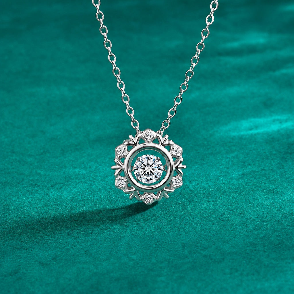 Snowflake Dancing Round Moissanite Necklace with CZ in Gold-Plated S925 sterling silver close-up styled product scene showing pendant setting
