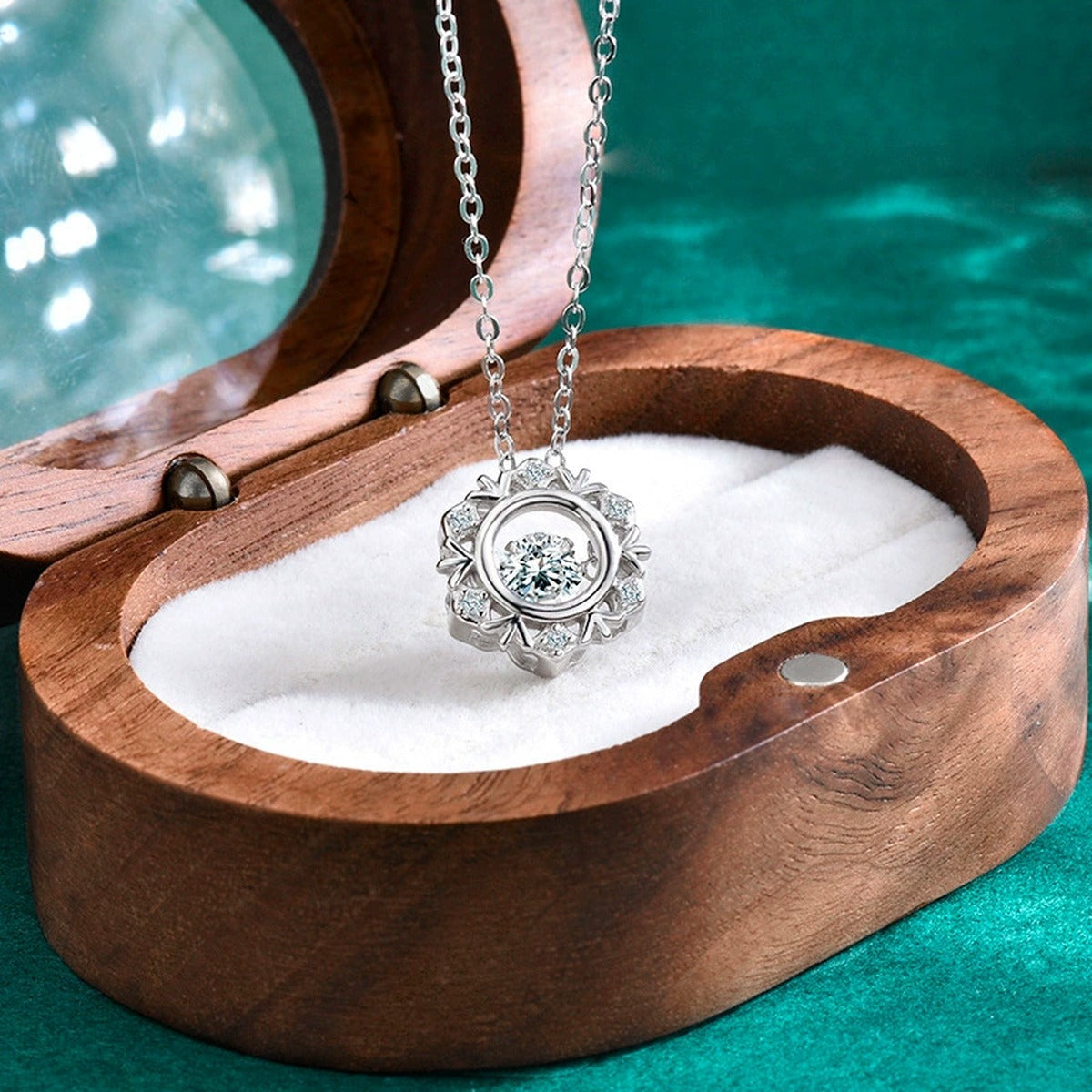 Snowflake Dancing Round Moissanite Necklace with CZ in Gold-Plated S925 sterling silver display scene showing chain and stone layout