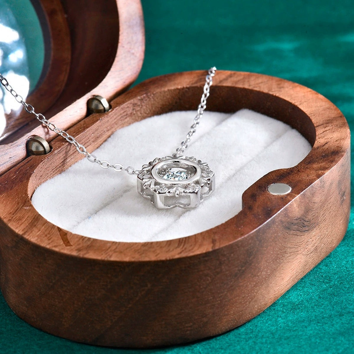 Snowflake Dancing Round Moissanite Necklace with CZ in Gold-Plated S925 sterling silver angled product detail view