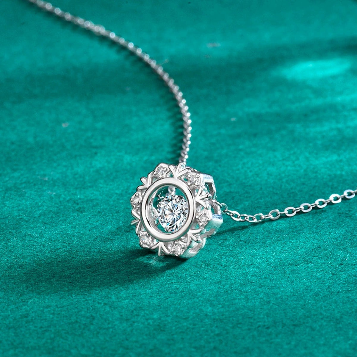 Snowflake Dancing Round Moissanite Necklace with CZ in Gold-Plated S925 sterling silver additional product styling view