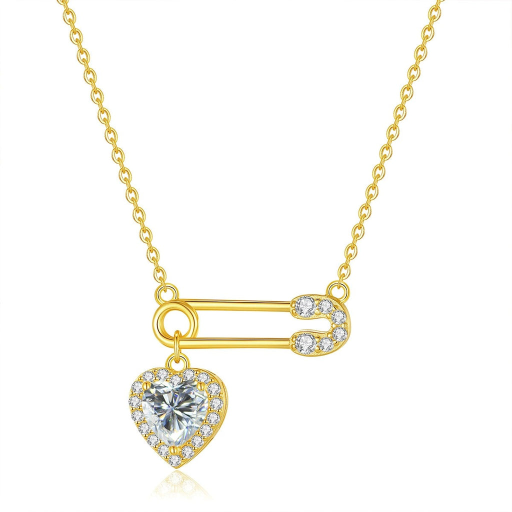 Paperclip Heart Moissanite Necklace with CZ in Gold-Plated S925 sterling silver white background front product view showing paperclip pendant suspending a halo-set heart-cut moissanite