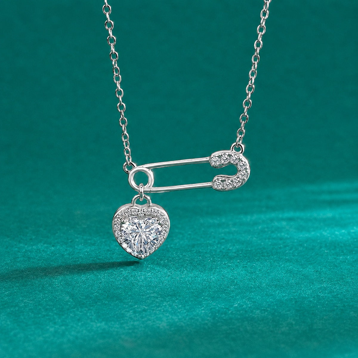 Paperclip Heart Moissanite Necklace with CZ in Gold-Plated S925 sterling silver close-up styled product scene showing pendant setting