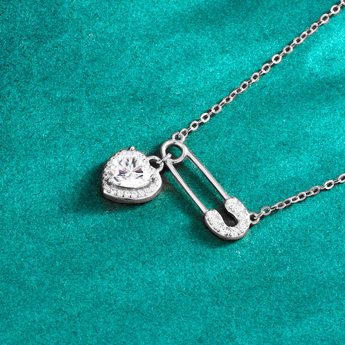 Paperclip Heart Moissanite Necklace with CZ in Gold-Plated S925 sterling silver angled product detail view