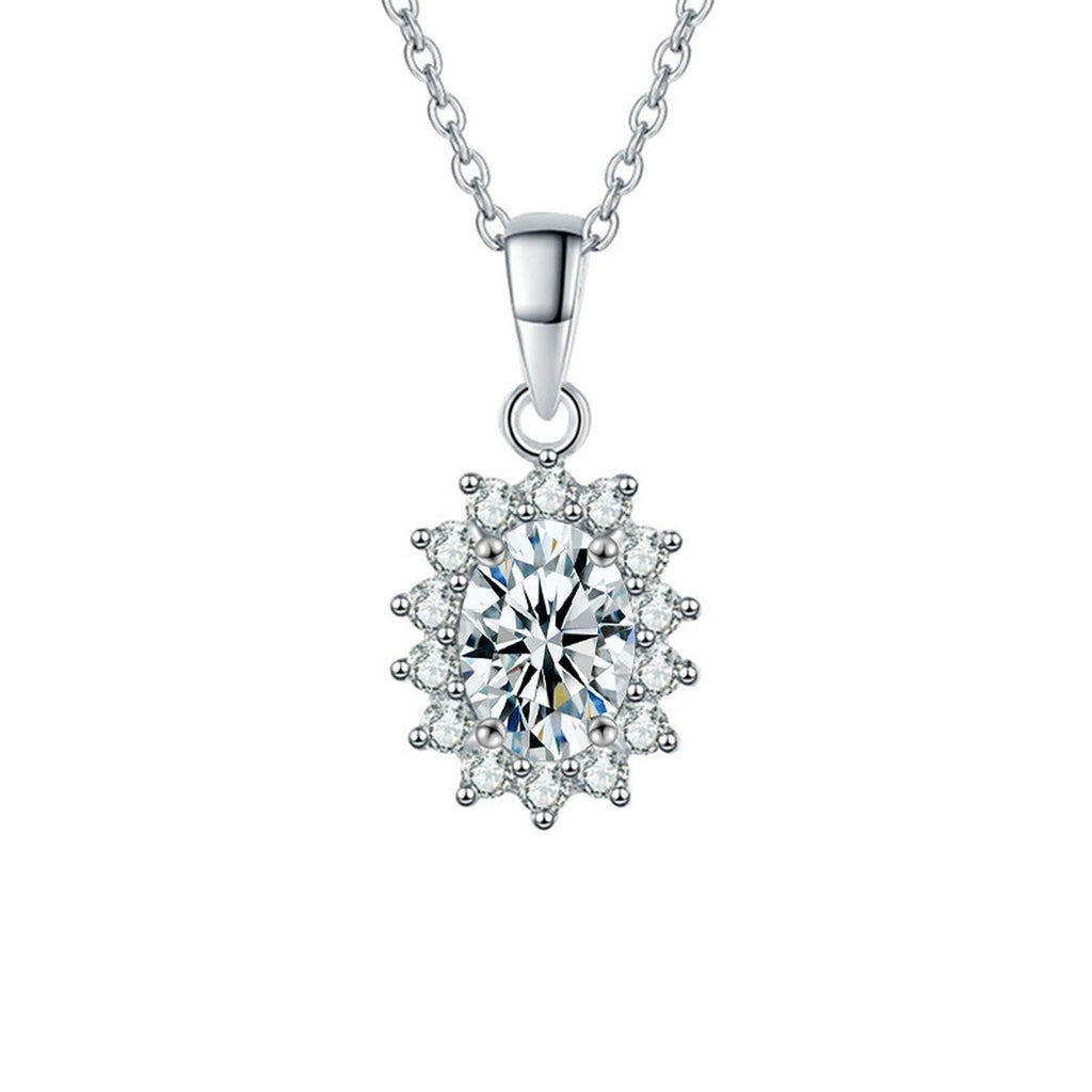 Oval Cut Moissanite Halo Necklace with CZ in Gold-Plated S925 sterling silver alternate metal color white background product view showing an oval moissanite surrounded by a delicate CZ halo
