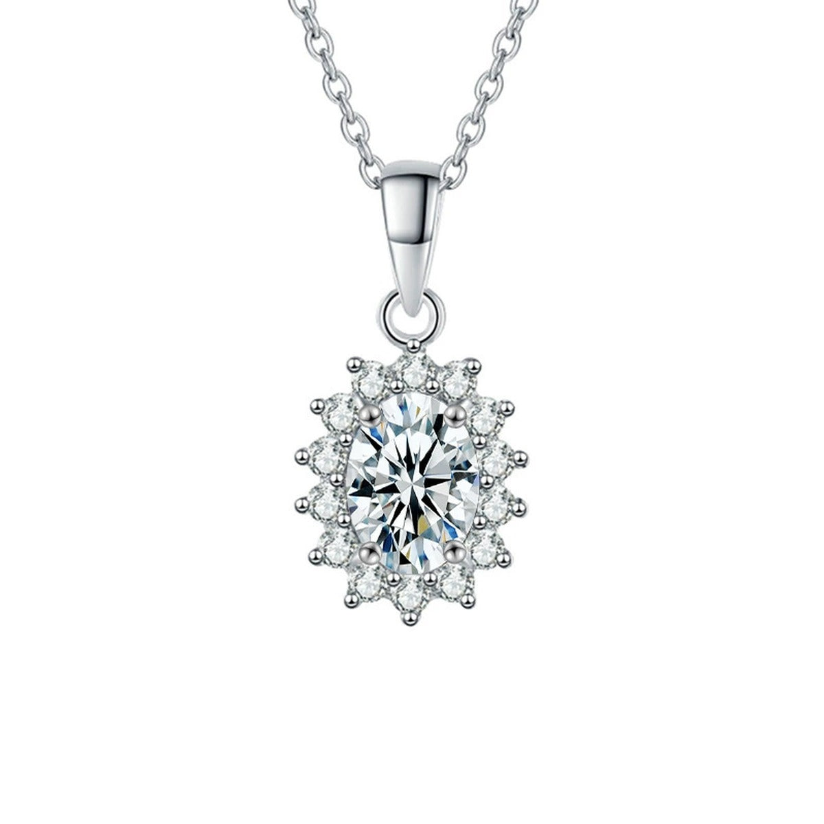 Oval Cut Moissanite Halo Necklace with CZ in Gold-Plated S925 sterling silver alternate metal color white background product view showing an oval moissanite surrounded by a delicate CZ halo