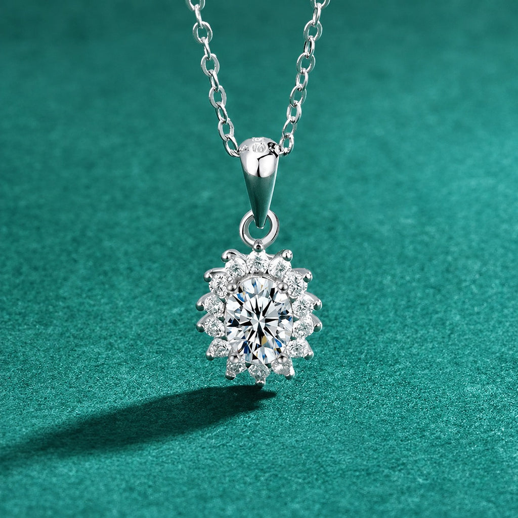 Oval Cut Moissanite Halo Necklace with CZ in Gold-Plated S925 sterling silver close-up styled product scene showing pendant setting