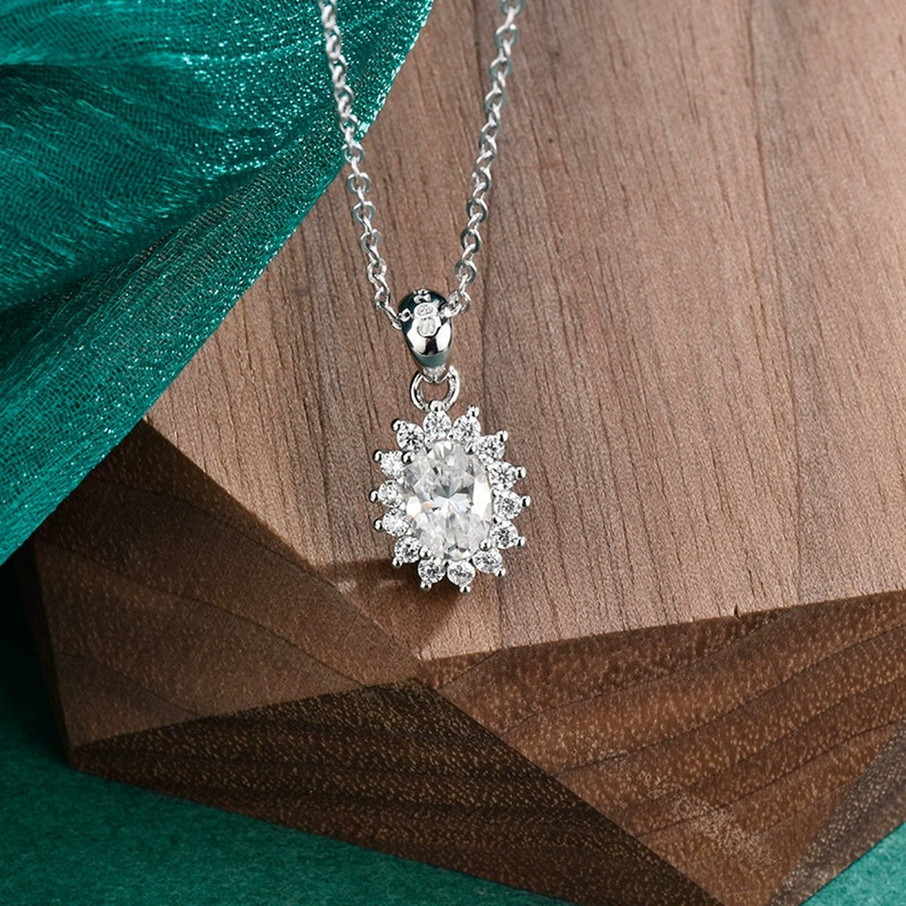 Oval Cut Moissanite Halo Necklace with CZ in Gold-Plated S925 sterling silver display scene showing chain and stone layout