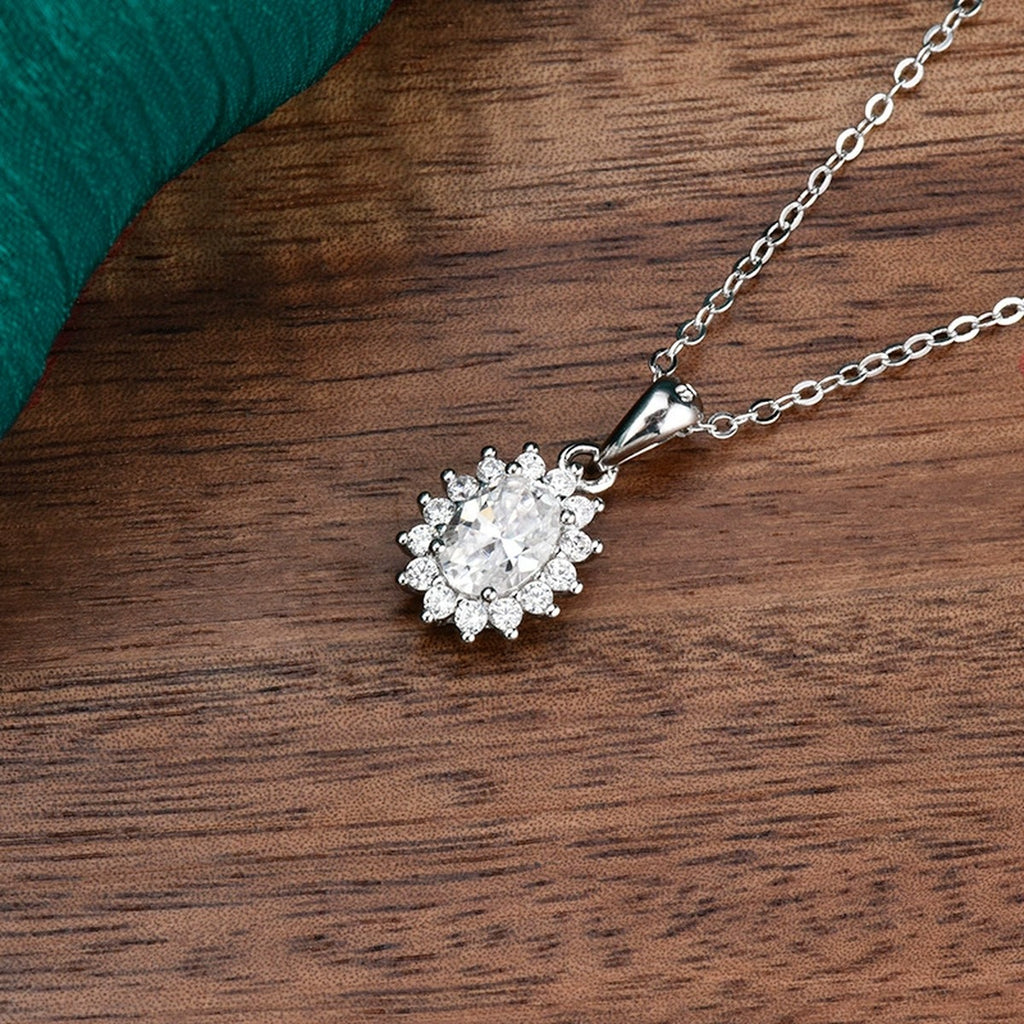 Oval Cut Moissanite Halo Necklace with CZ in Gold-Plated S925 sterling silver angled product detail view