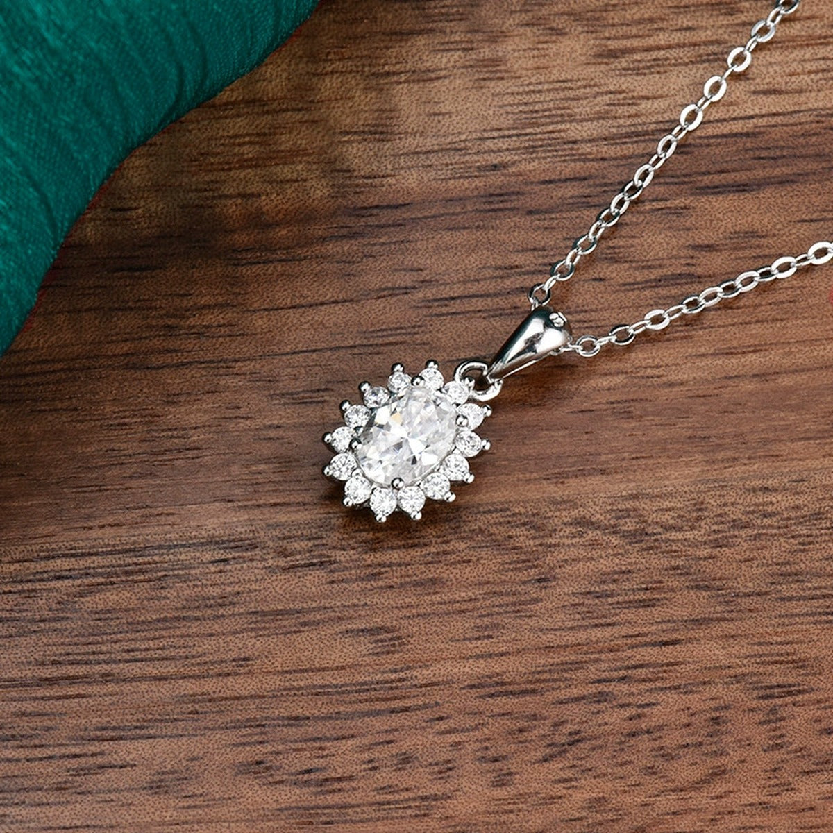 Oval Cut Moissanite Halo Necklace with CZ in Gold-Plated S925 sterling silver angled product detail view