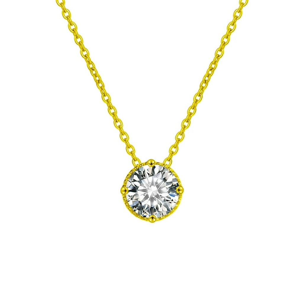 Four-Prong Round Moissanite Solitaire Necklace in Gold-Plated S925 sterling silver white background front product view showing classic four-prong round moissanite solitaire pendant