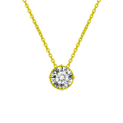 Four-Prong Round Moissanite Solitaire Necklace in Gold-Plated S925 sterling silver white background front product view showing classic four-prong round moissanite solitaire pendant