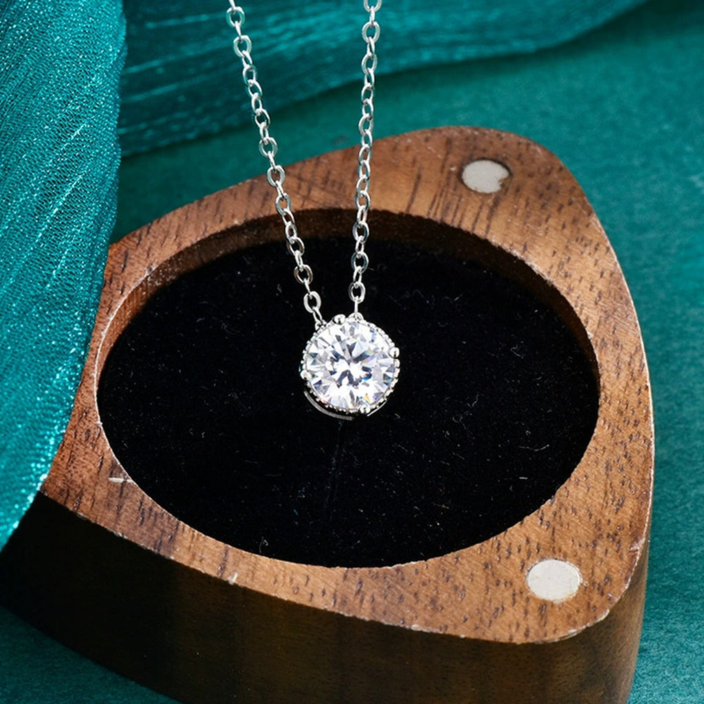 Four-Prong Round Moissanite Solitaire Necklace in Gold-Plated S925 sterling silver display scene showing chain and stone layout