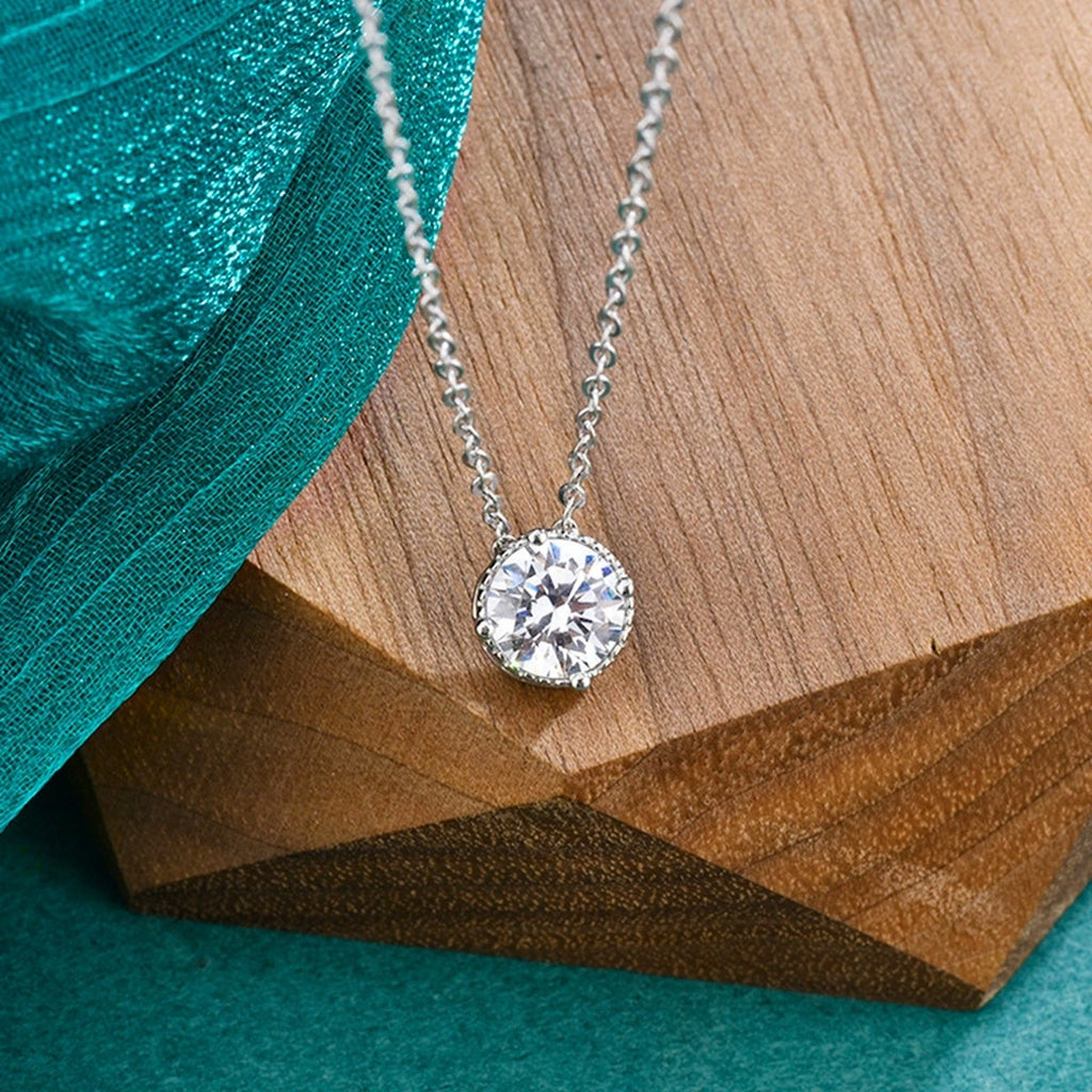 Four-Prong Round Moissanite Solitaire Necklace in Gold-Plated S925 sterling silver angled product detail view