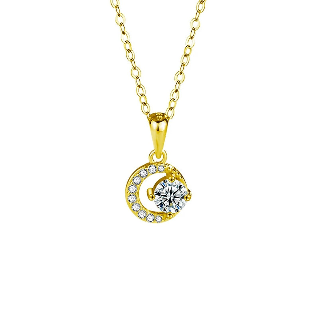 Moon and Star Round Moissanite Necklace with CZ in Gold-Plated S925 sterling silver white background front product view showing crescent moon pendant embracing a round moissanite with star-like CZ accents