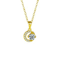 Moon and Star Round Moissanite Necklace with CZ in Gold-Plated S925 sterling silver white background front product view showing crescent moon pendant embracing a round moissanite with star-like CZ accents