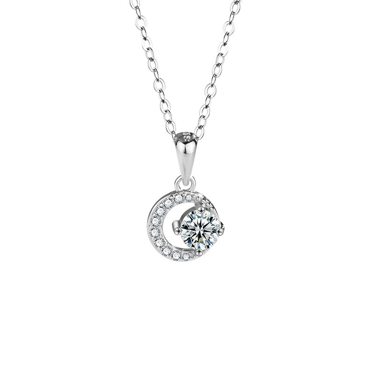 Moon and Star Round Moissanite Necklace with CZ in Gold-Plated S925 sterling silver alternate metal color white background product view showing crescent moon pendant embracing a round moissanite with star-like CZ accents
