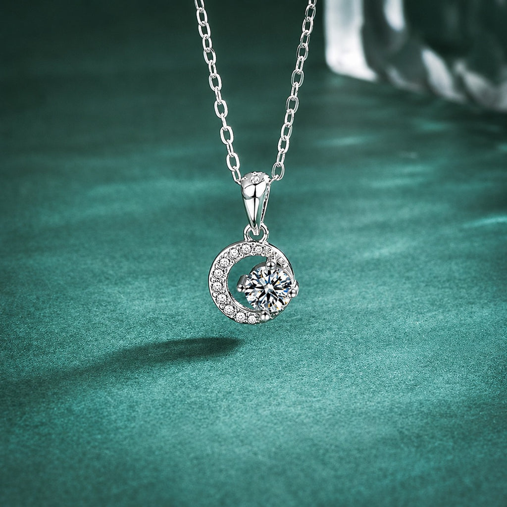 Moon and Star Round Moissanite Necklace with CZ in Gold-Plated S925 sterling silver close-up styled product scene showing pendant setting