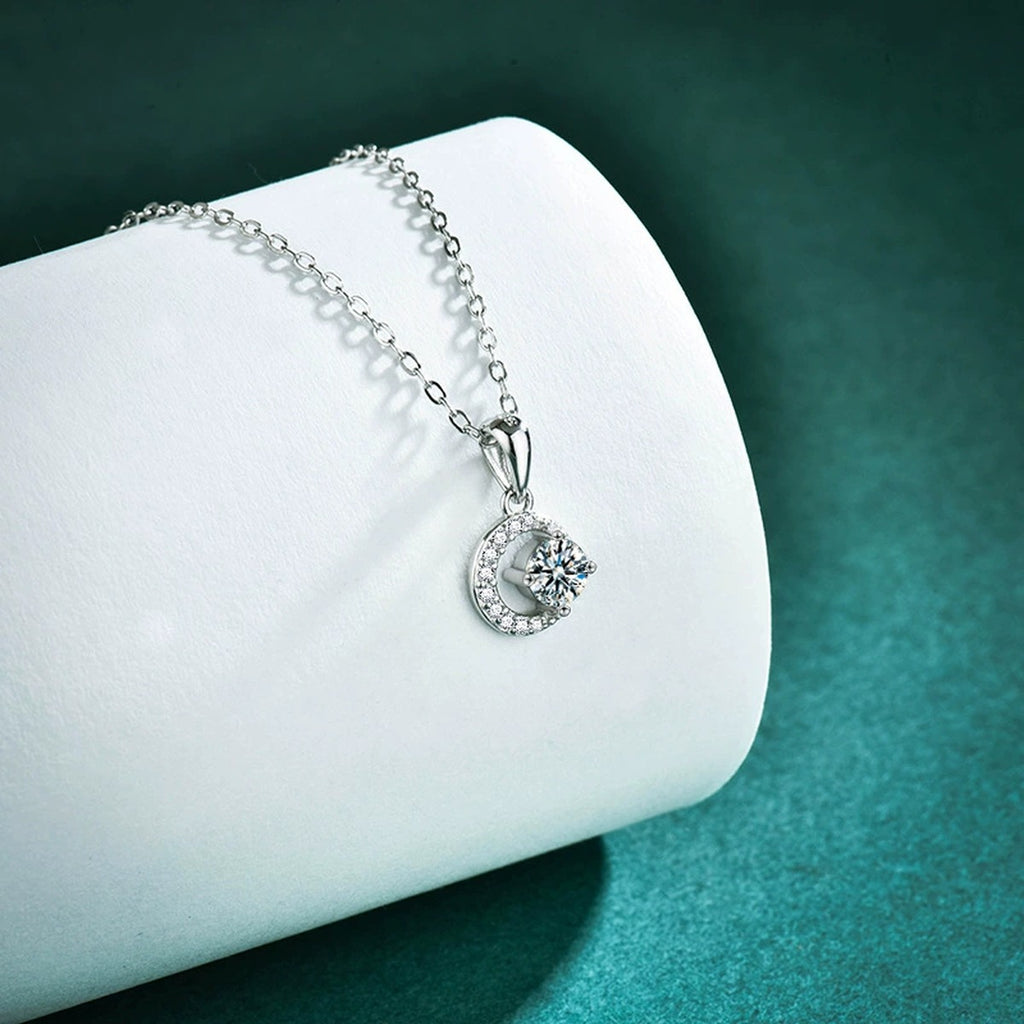 Moon and Star Round Moissanite Necklace with CZ in Gold-Plated S925 sterling silver display scene showing chain and stone layout