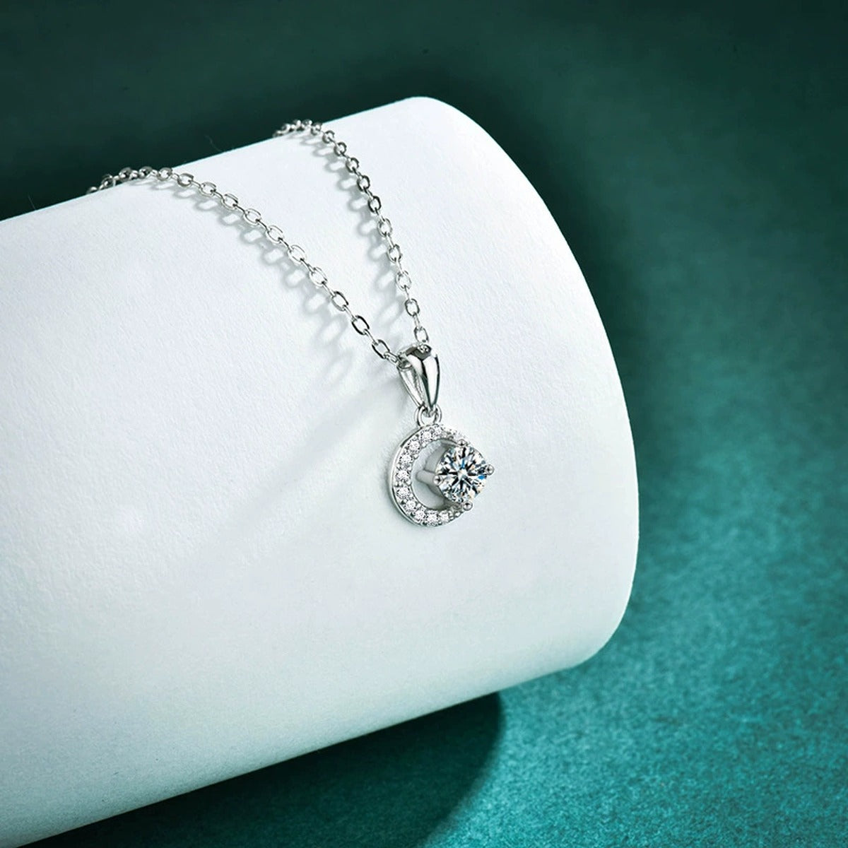 Moon and Star Round Moissanite Necklace with CZ in Gold-Plated S925 sterling silver display scene showing chain and stone layout