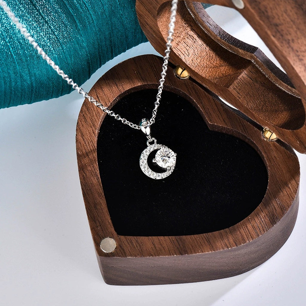 Moon and Star Round Moissanite Necklace with CZ in Gold-Plated S925 sterling silver angled product detail view