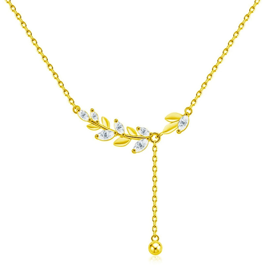 Wheat Marquise Moissanite Y-Necklace in Gold-Plated S925 sterling silver white background front product view showing wheat-inspired Y-necklace traced with marquise-cut moissanite leaves