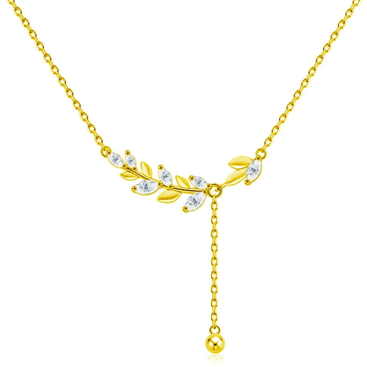 Wheat Marquise Moissanite Y-Necklace in Gold-Plated S925 sterling silver white background front product view showing wheat-inspired Y-necklace traced with marquise-cut moissanite leaves