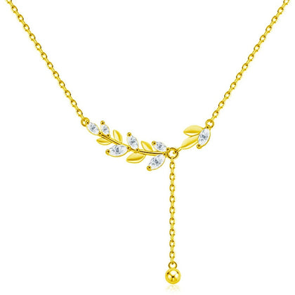 Wheat Marquise Moissanite Y-Necklace in Gold-Plated S925 sterling silver white background front product view showing wheat-inspired Y-necklace traced with marquise-cut moissanite leaves