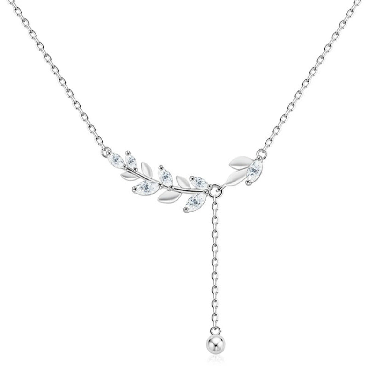 Wheat Marquise Moissanite Y-Necklace in Gold-Plated S925 sterling silver alternate metal color white background product view showing wheat-inspired Y-necklace traced with marquise-cut moissanite leaves