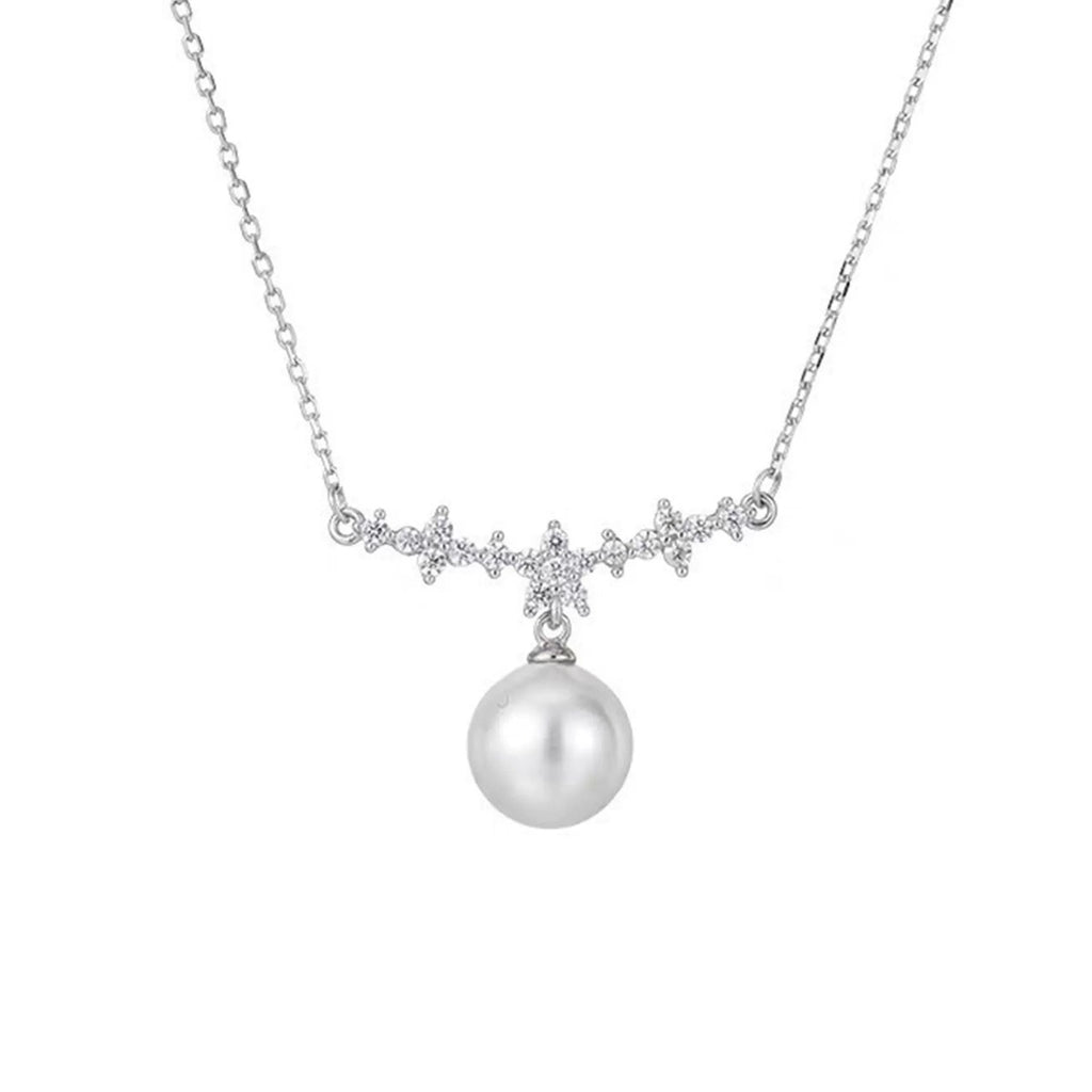Floral Moissanite and Pearl Drop Necklace in Gold-Plated S925 sterling silver alternate metal color white background product view showing a floral arc of small moissanite above a pearl drop