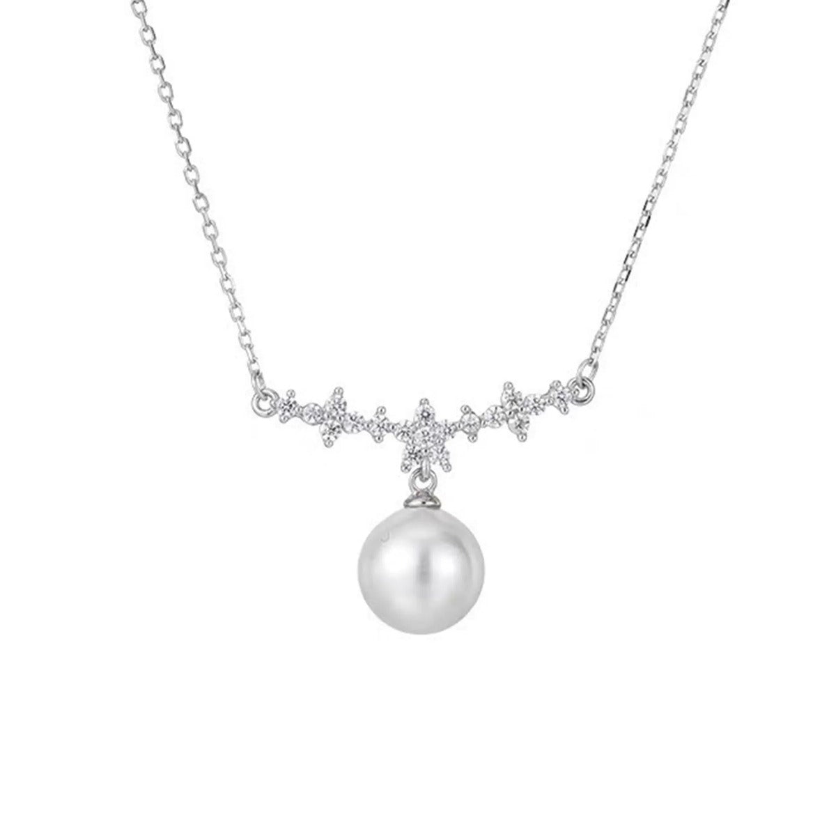 Floral Moissanite and Pearl Drop Necklace in Gold-Plated S925 sterling silver alternate metal color white background product view showing a floral arc of small moissanite above a pearl drop