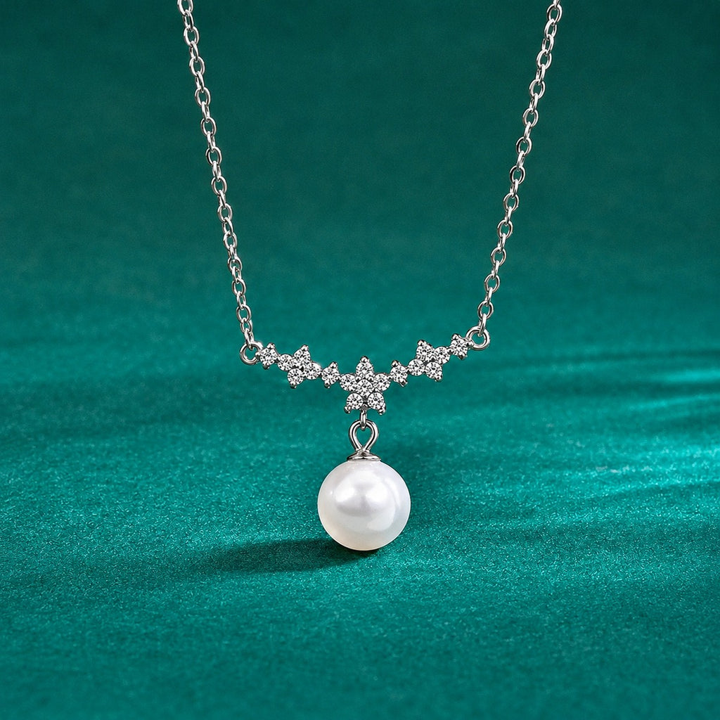 Floral Moissanite and Pearl Drop Necklace in Gold-Plated S925 sterling silver close-up styled product scene showing pendant setting