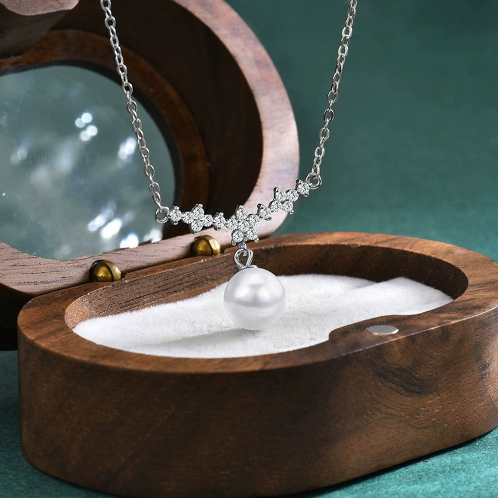 Floral Moissanite and Pearl Drop Necklace in Gold-Plated S925 sterling silver display scene showing chain and stone layout
