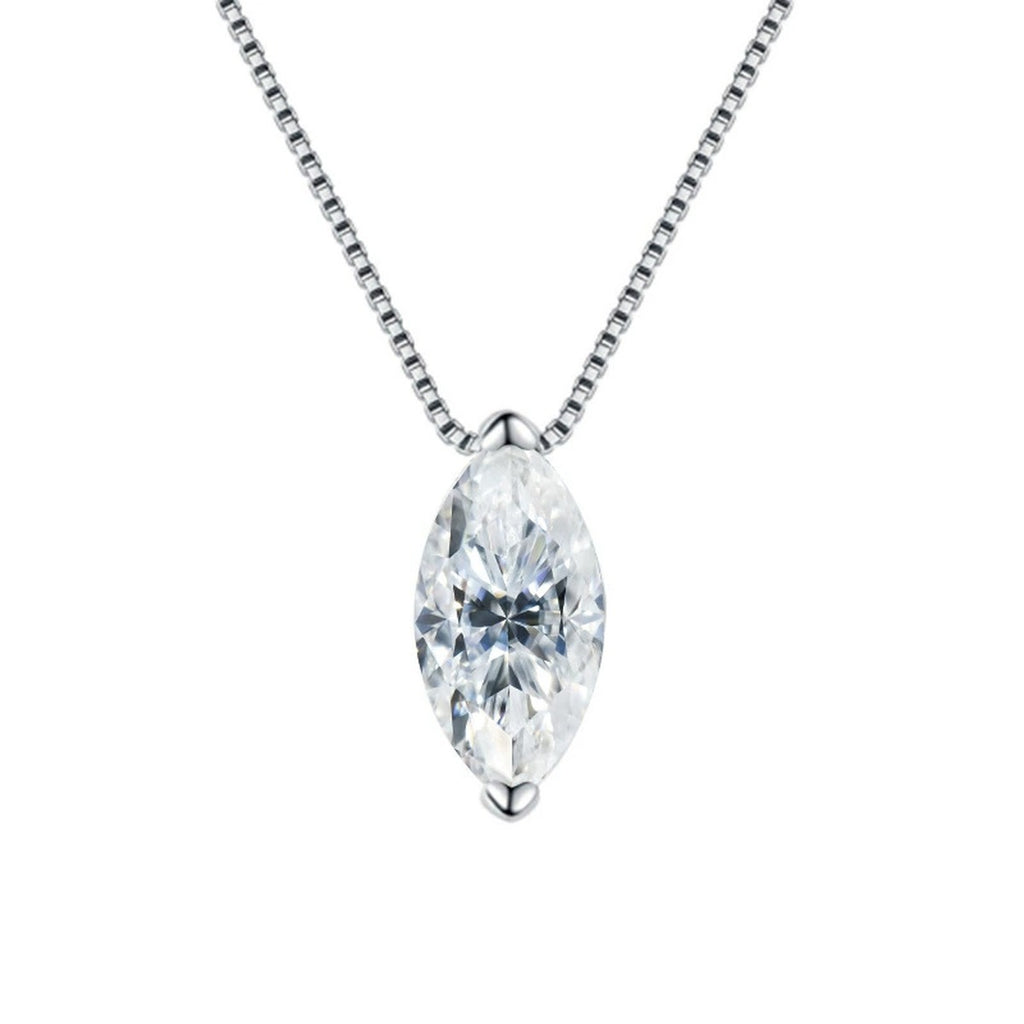 Marquise Cut Moissanite Solitaire Necklace in Gold-Plated S925 sterling silver alternate metal color white background product view showing an elongated marquise solitaire in a minimal setting