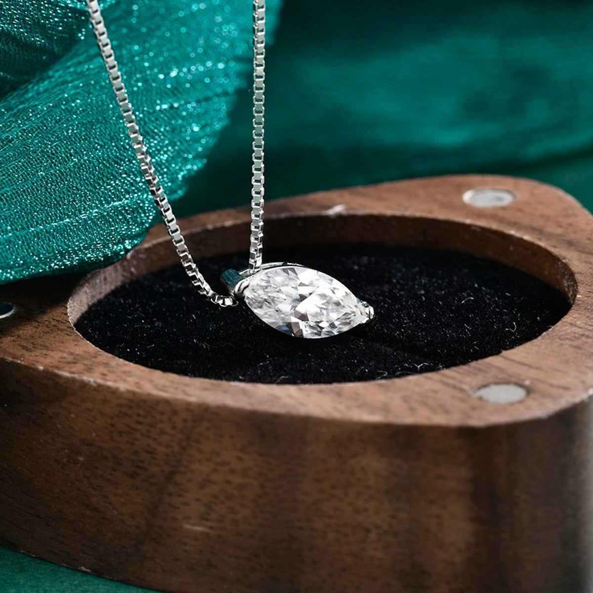 Marquise Cut Moissanite Solitaire Necklace in Gold-Plated S925 sterling silver display scene showing chain and stone layout