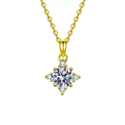 Four-Point Star Round Moissanite Necklace with CZ in Gold-Plated S925 sterling silver white background front product view showing a four-point star halo surrounding a round moissanite