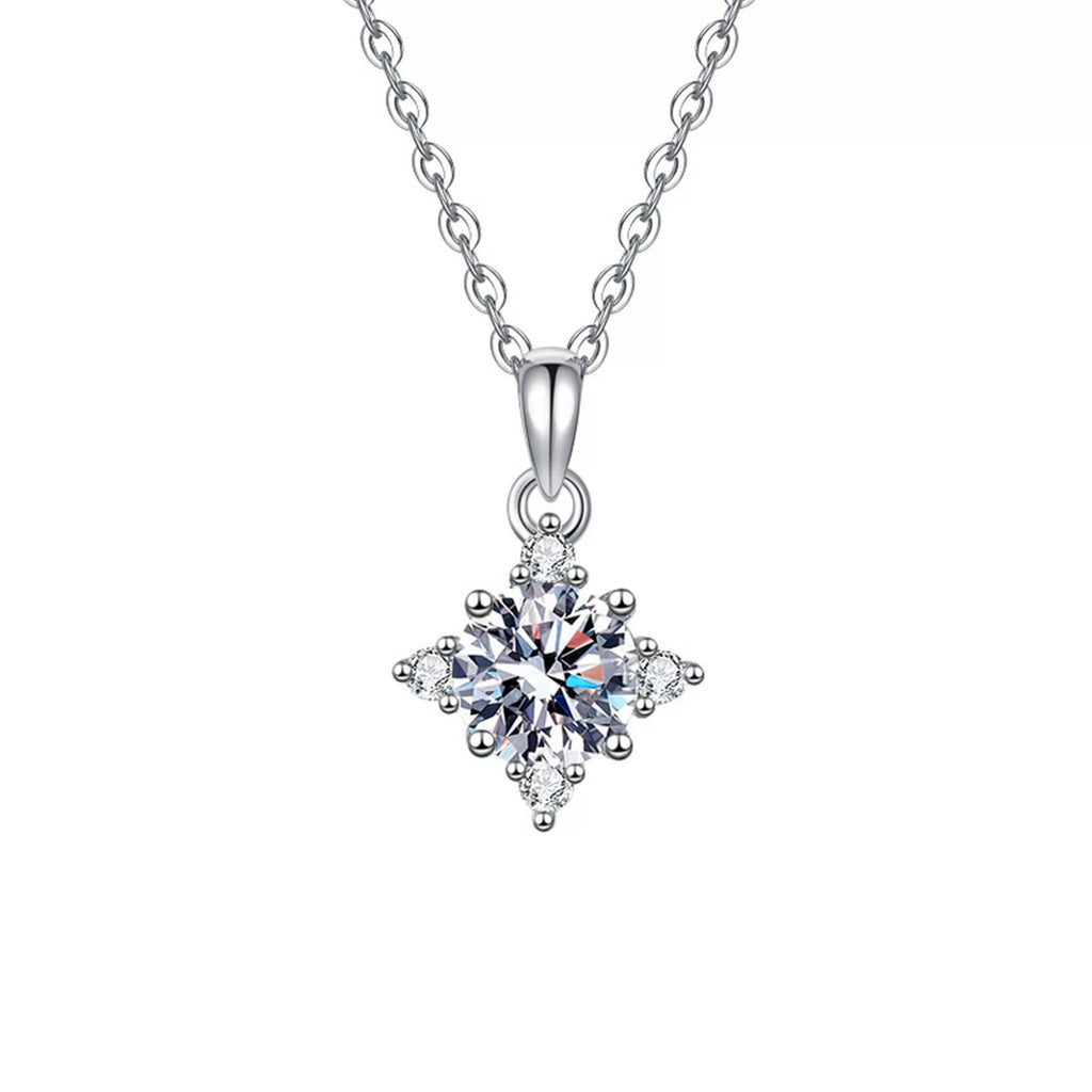 Four-Point Star Round Moissanite Necklace with CZ in Gold-Plated S925 sterling silver alternate metal color white background product view showing a four-point star halo surrounding a round moissanite