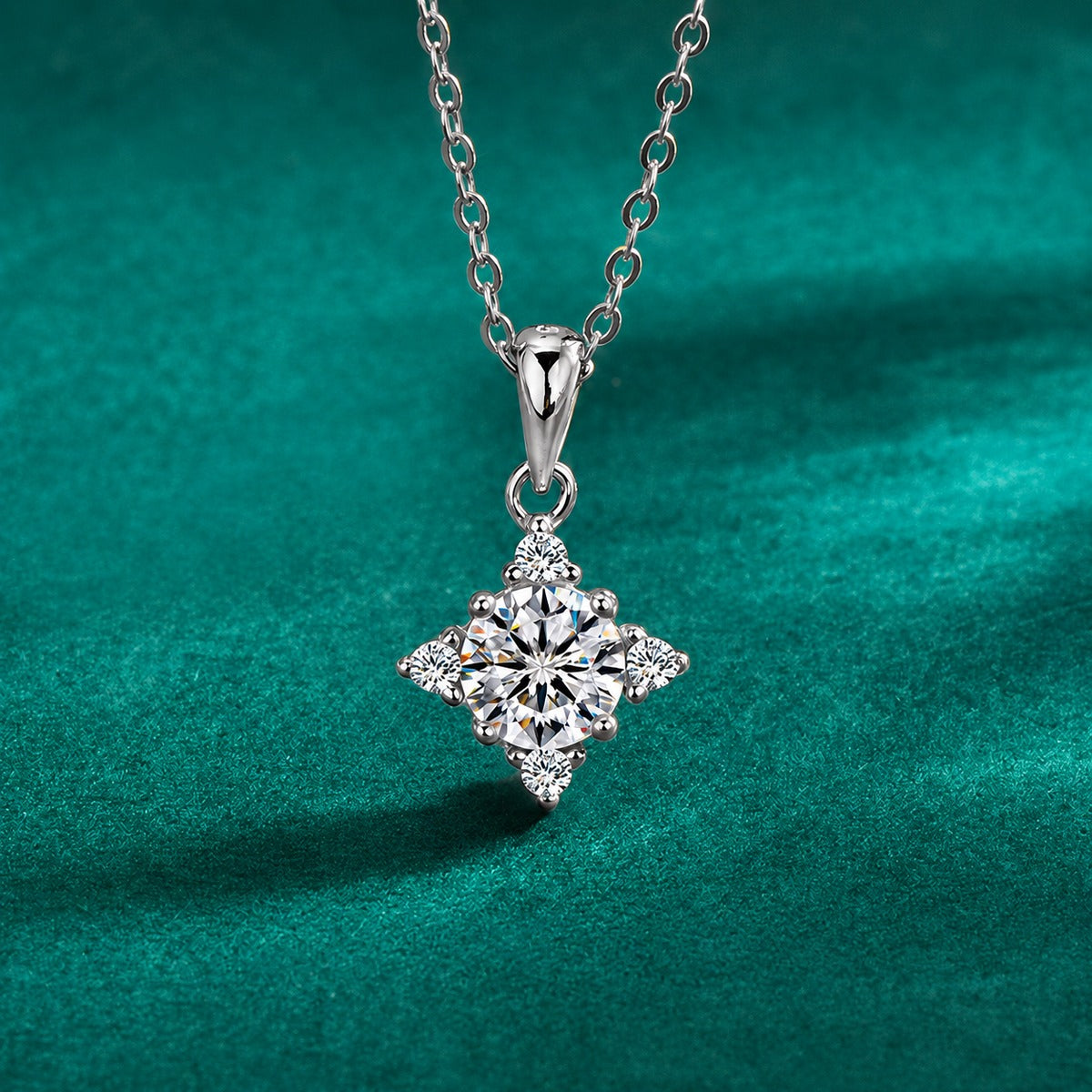 Four-Point Star Round Moissanite Necklace with CZ in Gold-Plated S925 sterling silver close-up styled product scene showing pendant setting