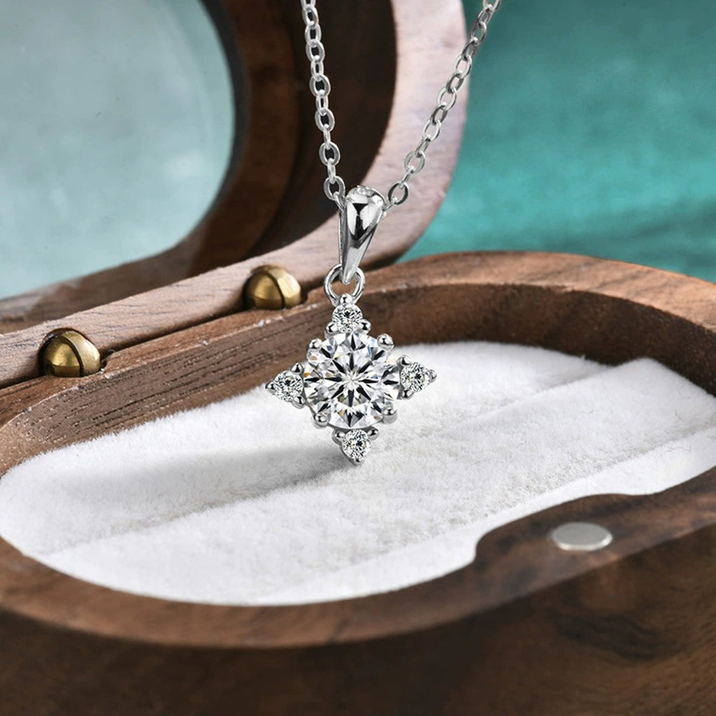 Four-Point Star Round Moissanite Necklace with CZ in Gold-Plated S925 sterling silver display scene showing chain and stone layout